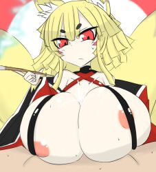 alternate_version_available breasts cum disgaea disgaea_5 ejaculation ejaculation_between_breasts fox_ears fox_girl fox_tail huge_breasts large_breasts monster_girl nine-tails_(disgaea) nipples nippon_ichi_software paizuri pipe sling_bikini vaba