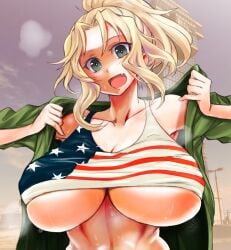 1girls american_flag american_flag_shirt big_breasts blonde_hair breasts crop_top fang female female_only girls_und_panzer jacket kay_(girls_und_panzer) large_breasts light-skinned_female light_skin nabeyu open_clothes open_mouth platinum_blonde_hair ponytail solo tagme tied_hair underboob