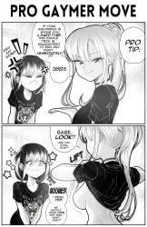 2girls anger_vein angry back backboob blush bouncing_breasts breaking_the_fourth_wall breast_awe breasts breasts_out choker comic couple ear_piercing earrings english_text female female_only flashing flashing_breasts funny greyscale grs grs- happy happy_female heart_eyes hearts instant_loss_2koma large_breasts looking_at_viewer looking_back oc open_mouth original original_character original_characters piercing ponytail shirt_lift speech_bubble text text_bubble typo yuri