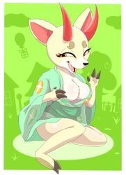 1girls 2023 2023s 2d 2d_(artwork) 2d_artwork animal_crossing anthro big_breasts black_nose breasts clothed clothing deer deer_ears deer_girl deer_horns eyebrows eyelashes feet female female_focus female_only fur furry furry_female green_background hi_res horns kimono nintendo open_mouth open_smile red_horn red_horns shino_(animal_crossing) simple_background sitting smile tan_body tan_fur tongue video_games white_body white_fur wide_hips yellow_eyes zebra10045