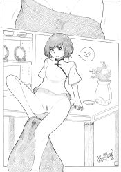 1girls big_fish_and_begonia bob_cut bottomless chun_(big_fish_and_begonia) heart kyohei plate potted_plant pussy short_hair speech_bubble spoken_heart sweatdrop undressing