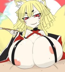 alternate_version_available blonde_hair breasts disgaea disgaea_5 fox_ears fox_girl fox_tail huge_breasts large_breasts monster_girl nine-tails_(disgaea) nipples nippon_ichi_software paizuri pipe sling_bikini titfuck vaba