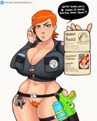 1girls aged_up alternate_breast_size american belt ben_10 big_breasts bottomless busty buttplug cartoon_network casual cheems clothing cop english_text exposed_pussy female female_only ginger_pubic_hair gnashershells green_eyes gun gwen_tennyson handcuffs horny_police human id_card legwear looking_at_viewer massive_breasts meme pale_skin police police_uniform policewoman pov pubes pubic_hair red_hair solo speech_bubble text thick_thighs watergun