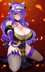 1girls absurdres alternate_costume alternate_hairstyle arm_guards bare_shoulders breasts camilla_(fire_emblem) camilla_(ninja)_(fire_emblem) choker cleavage female female_only fingerless_gloves fire_emblem fire_emblem_fates fire_emblem_heroes fishnet_thighhighs fishnet_top fishnets forehead_protector gloves grin hair_over_one_eye highres huge_breasts kneeling kunai large_breasts looking_at_viewer ninja nintendo official_alternate_costume official_alternate_hairstyle pelvic_curtain pink_eyes ponytail purple_choker purple_eyes purple_gloves purple_hair purple_nails purple_ribbon reaching_out ribbon ribbon_choker short_hair smile solo tetsuji_(i_ttj_f_c) thighhighs very_long_hair weapon