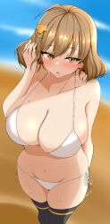 1girls ahoge aizawa_u-ji anis_(nikke) beach bikini black_thighhighs blonde_hair blush bob_cut breasts cat_hair_ornament cleavage exposed_shoulders eyebrows_visible_through_hair female female_only goddess_of_victory:_nikke hair_ornament hand_on_hair huge_breasts light-skinned_female light_skin looking_at_viewer navel ocean open_mouth orange_eyes sand solo sweat sweating swimsuit thighhighs white_bikini