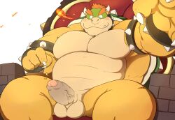 1boy 4_fingers anthro armband balls beartouma_0517 biped bowser bracelet chair collar darkened_genitalia erection fingers foreskin furniture genitals hair hi_res horn humanoid_genitalia humanoid_penis jewelry koopa looking_at_viewer male male_only mario_(series) muscular muscular_anthro muscular_male nintendo orange_hair partially_retracted_foreskin penis scalie shell simple_background sitting smile solo spiked_armband spiked_bracelet spiked_collar spiked_shell spikes spikes_(anatomy) testicles throne vein veiny_penis white_background