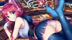 1girls beer_can big_ass blue_eyes chibi chips_(food) computer computer_monitor feet feet_up gloves light-skinned_female nutaku nutaku-tan panties pink_hair skirt small_breasts smile stockings thighhighs