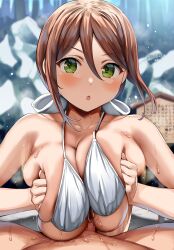 1boy 1girls :o assertive_female belko big_breasts bikini blush breasts brown_hair cleavage green_eyes huge_breasts large_breasts light-skinned_female light-skinned_male looking_at_partner looking_at_viewer male_pov miko miko-san_(belko) mosaic_censoring onsen open_mouth original original_character outdoors paizuri paizuri_lead_by_female penis pov shiny_hair shiny_skin short_hair shrine_maiden sign steam sweat water white_bikini white_swimsuit