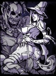 1girls anus ass breasts clothed_sex cowgirl_position dagger darkest_dungeon dubious_consent femdom functionally_nude grave_robber_(darkest_dungeon) grin hand_under_chin held_at_knifepoint monochrome monster monster_cock monster_sex monstersub sex smile straddling straight tentacle upright_straddle vaginal_penetration weapon zulidian