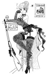 blunt_bangs blush collar dress drunk drunk_bubbles garter_straps girls'_frontline hair_bun high_heel_sandals large_breasts long_gloves monochrome mosin-nagant mosin-nagant_(girls'_frontline) necklace rifle sitting_on_chair thighhighs wide_hips