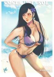 1girls arialla_draws big_breasts bikini black_hair breasts cleavage earrings female final_fantasy final_fantasy_vii flower_in_hair huge_breasts long_hair red_eyes smile solo tifa_lockhart voluptuous