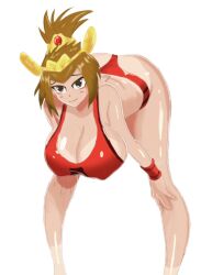 1girls ass_up bent_over blush brown_eyes brown_hair crown erect_nipples hands_on_knees hanging_breasts huge_breasts kuu_(battle_cats) nipple_bulge shiny_skin smiling_at_viewer sports_bikini tanlines the_battle_cats thick_ass thick_thighs tight_clothing