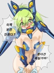 1girls angry belly blush bottomless_female collar collarbone confused_look covering_pussy embarrassed firm_breasts green_eyes green_hair hair_between_eyes headphones highres korean_text long_hair medium_breasts metal_bra shocked shoulder_pads smiling_at_viewer talking_to_viewer the_battle_cats thick_thighs thighhigh_boots threatening_viewer translation_request windy_(battle_cats) wristwear