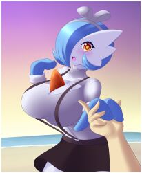 beach blue_hair blush bow breasts cleavage commission gardevoir hair_over_one_eye holding_hands humanoid jcdr large_breasts looking_at_viewer lucy_(jcdr) open_mouth pokémon_(species) pokemon pokemon_(species) romantic shiny_pokemon skirt suspenders tifa_lockhart_(cosplay)