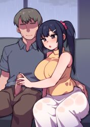 1boy 1girls arm_around_waist arm_at_side bare_arms bare_shoulders black_eyes black_hair black_shirt blush bomkkachi_(kwaejina) breasts breath brown_pants censored collared_shirt couch covered_nipples denim erection faceless faceless_male feet_out_of_frame female grey_hair hair_ornament hair_scrunchie hairclip half-closed_eyes hand_on_another's_penis huge_breasts indoors jeans leaning_on_person light-skinned_female light-skinned_male light_skin long_hair long_skirt looking_at_penis looking_down mosaic_censoring no_eyes on_couch open_mouth pants penis_grab penis_out pink_scrunchie ponytail rain scrunchie shirt short_hair sidelocks sitting skirt sleeveless sleeveless_shirt smile steam straight suiren_to_shion sweat t-shirt wakami_suiren wet wet_clothes wet_skirt white_skirt window yellow_shirt