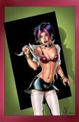 bra bracelets breasts choker dc_comics earrings freefall_(gen¹³) gen¹³ karl_altstaetter miniskirt open_shirt roxanne_spaulding sanju_nivangune shirt stockings two_tone_hair wildstorm