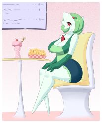 blush breasts cleavage commission food gardevoir green_hair hair_over_one_eye hands_on_thighs hips jcdr large_breasts milkshake nacho no_humans nougat_(jcdr) pokémon pokémon_(species) pokemon pokemon_(species) red_eyes thick_thighs thighs wide_hips