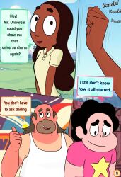 1girls 2boys balding comic connie_maheswaran dilf english_text erean63 fat_man greg_universe indian_female knocking_on_door knockingbeard skinny_girl small_breasts speech_bubble steven_quartz_universe steven_universe t-shirt tanline