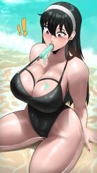 1girls absurdres asian beach big_breasts black_hair breasts diadem eating echosaber eyelashes fat_breasts female flat_belly fringe ice_cream kneeling large_breasts light-skinned_female long_hair milf object_in_mouth oral oral_training pale-skinned_female petite popsicle red_eyes red_lipstick seductive_look solo spy_x_family swimsuit thick_thighs yor_briar yor_forger