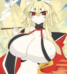 breasts disgaea disgaea_5 fox_ears fox_girl fox_tail huge_breasts large_breasts nine-tails_(disgaea) nippon_ichi_software open_clothes pipe skimpy_clothes sling_bikini vaba