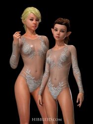 2020 2girls 3d artist_website black_background blonde_hair brown_hair clothed clothing elayne_(hibbli3d) elf elf_ears ezri_(hibbli3d) female female_only hibbli3d looking_at_viewer medium_breasts multiple_girls original original_character original_characters ponytail see-through_clothing small_breasts solid_color_background standing