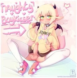 boykisser_(meme) choker cum demon_horns demon_wings femboy gay green_eyes hoodie hoodie_(artist) leggings max_(hoodie) original penis thigh_highs thighhighs