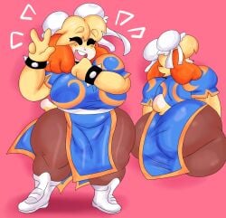 animal_crossing anthro ass big_ass big_breasts breasts bubble_butt chun-li_(cosplay) clothed clothing dork_boi female huge_ass isabelle_(animal_crossing) lewd_dorky nintendo