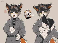 2023 5_fingers aak_(arknights) anthro arknights bite_mark black_body black_fur black_hair bodily_fluids canid canine canis clothed clothing cum cum_on_face domestic_cat domestic_dog ear_piercing felid feline felis fingers fully_clothed fur genital_fluids hair hi_res horn hung_(arknights) hypergryph male male_only mammal piercing shirt_up solo solo_focus studio_montagne tail undressing white_body white_fur yrac