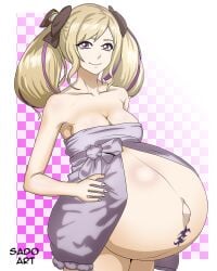 1girls alternate_costume alternate_version_available armpits bare_shoulders bare_thighs blonde_hair breasts cleavage collarbone elise_(fire_emblem) female female_only fire_emblem fire_emblem_fates fire_emblem_heroes hyper_belly light-skinned_female light_skin looking_at_viewer medium_breasts medium_hair more_at_source naked_towel nintendo nude nude_female official_alternate_costume outie_navel pink_background pink_eyes pregnant pubic_tattoo sado_art shoulders simple_background smile solo stomach_tattoo tattoo thighs towel twintails white_background