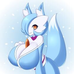 blue_hair breasts cleavage commission fox fox_ears fox_girl fox_tail gardevoir hair_over_one_eye hair_tuft jcdr kitsune large_breasts lucy_(jcdr) no_humans off_shoulder open_clothes open_robe open_yukata orange_eyes pokémon_(species) pokemon pokemon_(species) shiny_pokemon