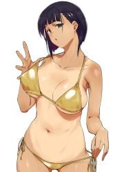 arad_baranga bikini black_hair breasts gold_bikini green_eyes hairclip huge_breasts kirigaya_suguha short_hair solo swimsuit sword_art_online tan tanline