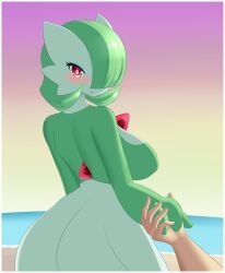 ass beach blush breasts cleavage commission cute gardevoir hair_over_one_eye holding_hands humanoid jcdr large_breasts looking_at_viewer looking_back nougat_(jcdr) open_mouth pokémon_(species) pokemon pokemon_(species) red_eyes romantic sideboob