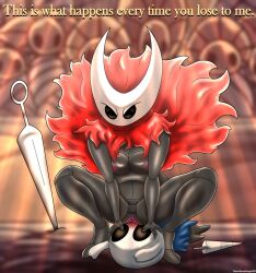 ambiguous_gender anonymous anthro breasts facesitting female female/ambiguous genitals hair heartlessangel3d hi_res hollow_knight hornet_(hollow_knight) melee_weapon pussy red_hair sitting_on_another solo sword team_cherry weapon