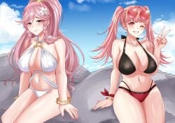 2girls absurd_res absurdres alternate_costume beach bikini black_bikini blue_sky blush bracelet braid breasts cleavage closed_mouth collarbone commentary english_commentary eyewear_on_head female female_only fingernails fire_emblem fire_emblem:_three_houses fire_emblem_awakening fire_emblem_heroes flower grin hair_flower hair_ornament high_ponytail highres hilda_valentine_goneril jewelry large_breasts long_hair looking_at_viewer multiple_girls nail_polish navel nintendo official_alternate_costume olivia_(fire_emblem) one_eye_closed outdoors pink_eyes pink_hair pink_lips pink_nails ponytail red_bikini red_swimsuit rock rynn_(darknescorez) sitting sky smile stomach sunglasses sunglasses_on_head swimsuit thick_thighs twintails v very_long_hair white_bikini white_flower white_swimsuit wink