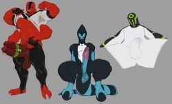 3boys alien anthro balls bara ben_10 big_balls big_penis black_body boner chromamorph diphallia diphallism erection flexing fourarms galvanic_mechamorph kineceleran male male_focus male_only multi_arm multi_eye multi_limb multi_penis muscles muscular muscular_male penis penis_size_difference red_body red_skin shirt_lift shirt_up spread_legs sweat_stain tail tetramand upgrade_(ben_10) white_body xlr8