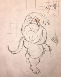 ass balls bara belly big_balls big_belly big_butt big_muscles big_pecs big_penis grape_shifter huge_cock male male_only musclegut muscles muscular muscular_anthro muscular_arms muscular_male muscular_thighs nipples overweight overweight_male pecs pencil_(artwork) penis shower showering side_view soap solo solo_focus solo_male standing tail thick_penis thick_thighs veiny_penis whistling