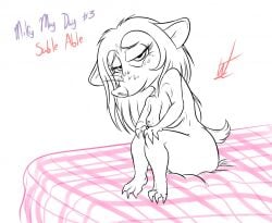 2018 animal_crossing anthro bed bed_sheet bedding breasts english_text eulipotyphlan female freckles freckles_on_face furniture hair_down half-closed_eyes hedgehog looking_at_viewer mammal narrowed_eyes nintendo nipples nude on_bed sable_able signature simple_background sitting sitting_on_bed solo text wastedtimeee white_background