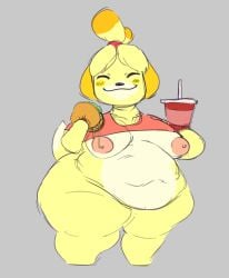 animal_crossing anthro ass belly big_belly big_breasts big_butt breasts fat female food hi_res isabelle_(animal_crossing) nintendo overweight short_stack slightly_chubby solo weight_gain wobblinggut