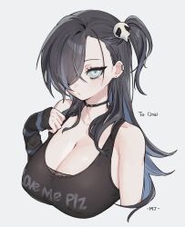 1girls bare_shoulders big_breasts black_hair breasts busty choker cleavage ear_piercing earrings english_text fishnets goth goth_girl hair_over_one_eye large_breasts mole_under_eye oh_(aung_ae) original original_character skull_hair_ornament solo tank_top