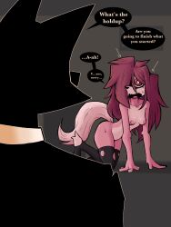 absurd_res all_fours anthro clothing comic dialogue duo female hair hi_res homeless_dog legwear male male/female messy_hair nude ponporio_(artist) red_eyes stockings suit surprised_expression the_suit_(ponporio) torn_clothing