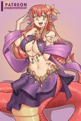 1girls amber_eyes belly_dancer belly_dancer_outfit bocas_top harem_girl harem_outfit lamia large_breasts long_hair miia_(monster_musume) monster_girl monster_musume_no_iru_nichijou nauth nauth_le_roy pointy_ears red_hair snake_girl