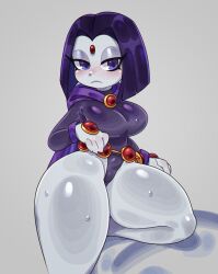 1girls absurd_res big_breasts blush bodysuit breasts cape child_bearing_hips clothed clothing dc dc_comics female female_only goth grey_skin hi_res ichig8miruku looking_at_viewer purple_eyes purple_hair rachel_roth raven_(dc) skin_tight solo solo_female sweat teen_titans thick_thighs thunder_thighs wide_hips