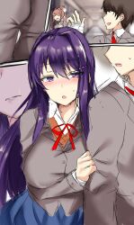 1boy 1female 1girls 1male big_breasts blue_skirt blushing breasts brown_hair comic comic_page doki_doki_literature_club farys_(afopahqfw) female long_hair mc_(doki_doki_literature_club!) monika_(doki_doki_literature_club) pulling purple_eyes purple_hair skirt tagme yuri_(doki_doki_literature_club)