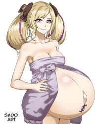 1girls alternate_costume alternate_version_available armpits bare_shoulders bare_thighs blonde_hair breasts cleavage collarbone elise_(fire_emblem) female female_only fire_emblem fire_emblem_fates fire_emblem_heroes hyper_belly light-skinned_female light_skin looking_at_viewer medium_breasts medium_hair naked_towel nintendo nude nude_female official_alternate_costume outie_navel pink_eyes pregnant pubic_tattoo sado_art shoulders smile solo stomach_tattoo tattoo thighs towel twintails white_background