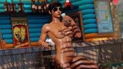 1girls 3d abs beach blender cocktail completely_nude completely_nude_female dark_skin hexencraft muscular muscular_female nude nude_female overwatch pharah summer sunglasses sunlight sweat