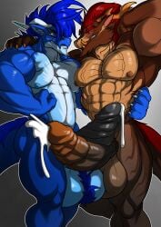 amber_eyes anthro balls big_balls black_penis blue_balls blue_body blue_hair blue_nipples bodily_fluids brown_balls brown_body brown_eyes brown_nipples brown_penis claws cum dragon duo eyebrows eyewear fingers frottage genital_fluids genitals glasses hair hi_res horn male male/male muscular muscular_anthro muscular_male nipples non-mammal_balls non-mammal_nipples orange_claws orange_horn penis red_eyebrows red_hair sex tail trencalos white_claws white_horn