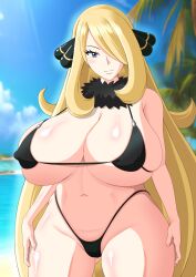 1girls big_breasts bikini bikini_bottom bikini_top black_bikini black_eyes blonde_hair bottomwear breast_focus breasts busty cleavage cynthia_(pokemon) female female_only game_freak hair hair_ornament hair_over_one_eye huge_breasts large_breasts long_hair looking_at_viewer mature mature_female mature_woman pokémon pokemon pokemon_dppt s.forest solo solo_female swimsuit thighs topwear voluptuous