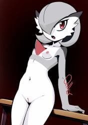 ai_generated alternate_species anthro breasts chest_spike digital_media_(artwork) ear_piercing female female_only gardevoir generation_3_pokemon grey_body grey_hair helluva_boss loona_(helluva_boss) nintendo open_mouth piercing pokemon pokemon_(species) pussy qiller red_eyes solo spikes