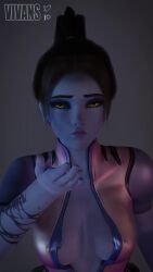 1girls 3d alternate_hairstyle amelie_lacroix animated blender blizzard_entertainment blowing_kiss blue_body blue_skin bodysuit breasts breasts female female_only kissing looking_at_viewer overwatch solo tagme video vivans widowmaker yellow_eyes