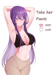 1girls black_bra bra breasts cleavage doki_doki_literature_club english_text female female_only girl hands_behind_head heart_icon long_hair mochigummxy number numbers purple_eyes purple_hair retweet_icon solo solo_female solo_focus strip_game text white_background yuri_(doki_doki_literature_club)